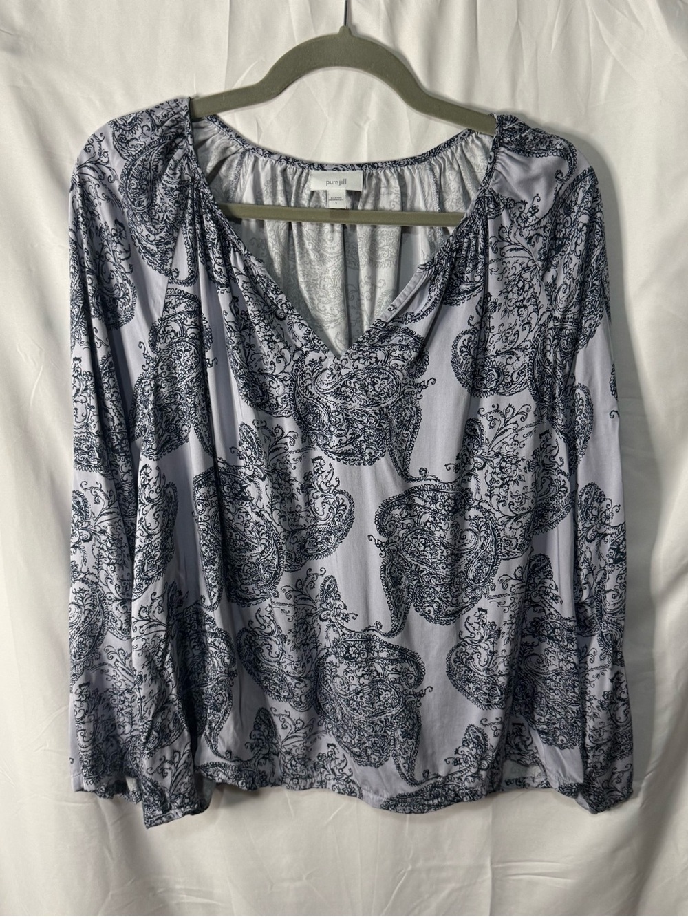 Pure Jill Paisley V-Neck Long Sleeve Blouse - Light Gray/Black
